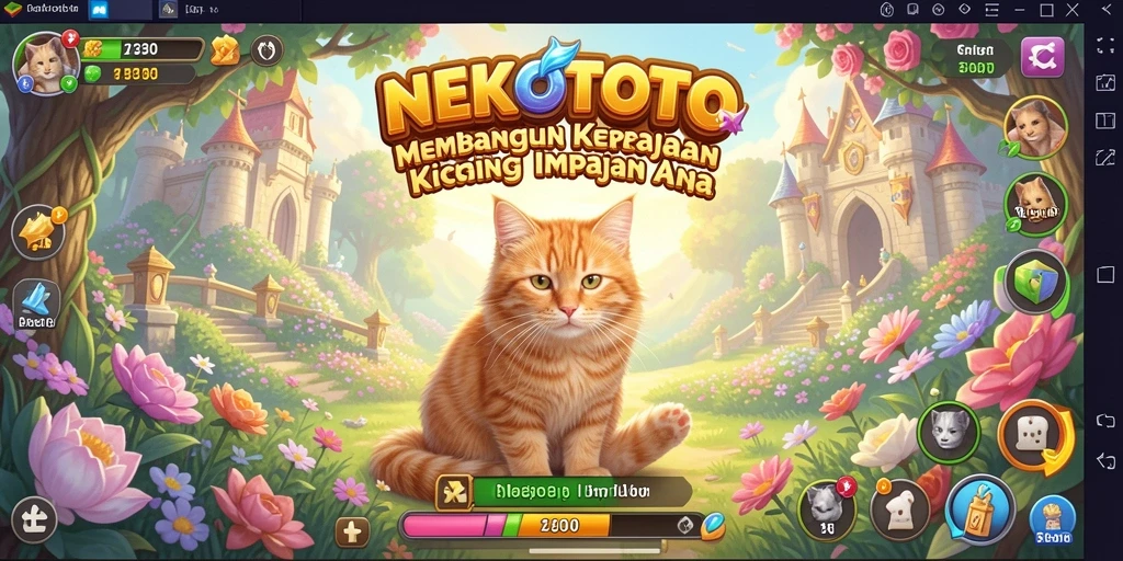 Screenshot gameplay NEKOTOTO menampilkan kemeriahan kerajaan kucing.
